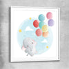 Flying Baby Elephant white glass front frame is a nursery canvas wall art and print suited for childrens nursery area