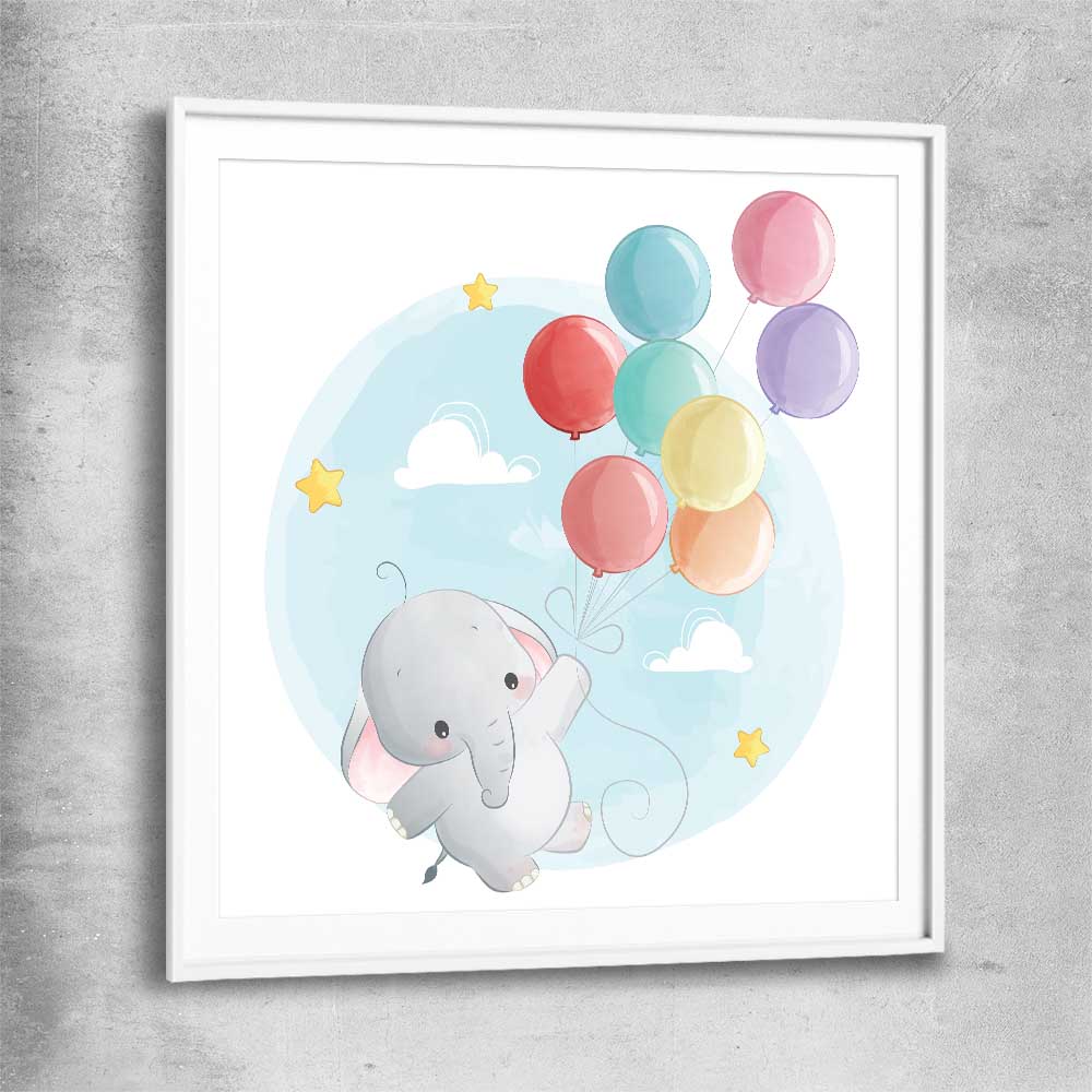 Flying Baby Elephant white glass front frame is a nursery canvas wall art and print suited for childrens nursery area