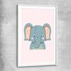 Friendly Elephant white glass front frame is a nursery canvas wall art and print suited for childrens nursery area