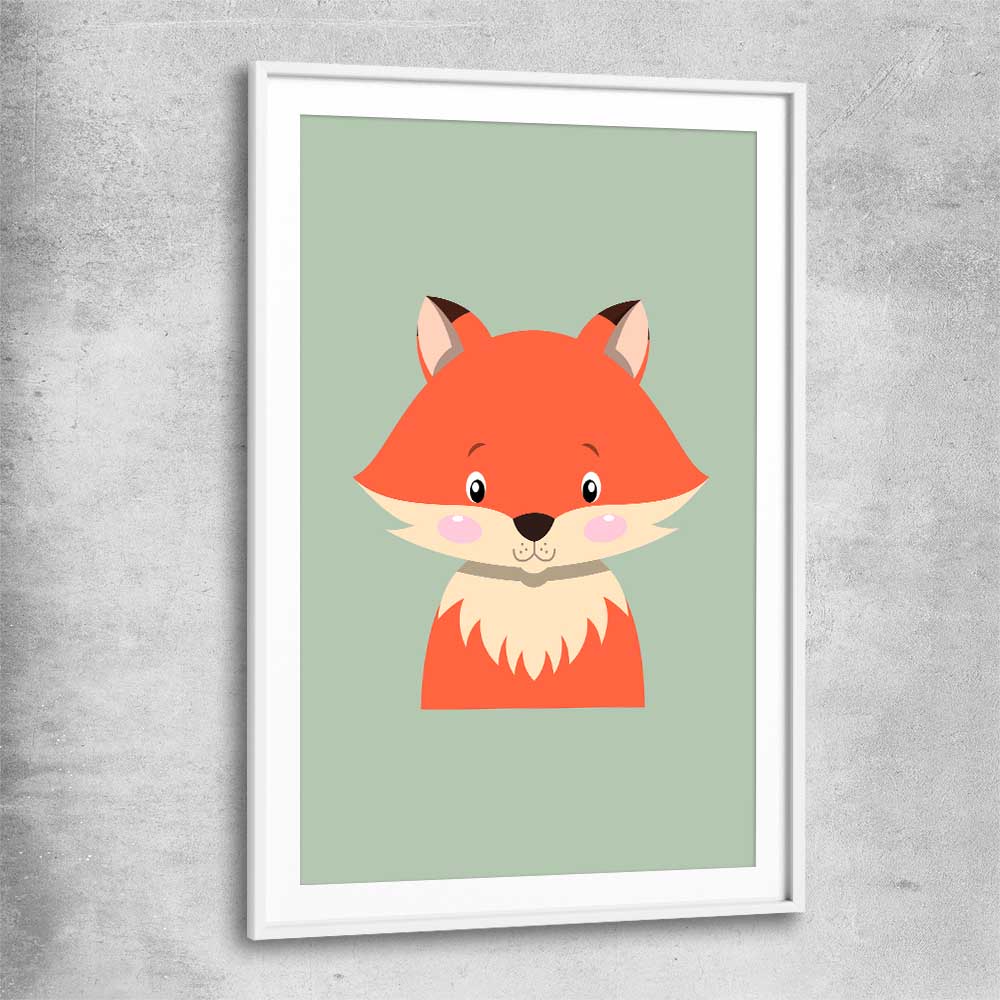 Friendly Fox white glass front frame is a nursery canvas wall art and print suited for childrens nursery area