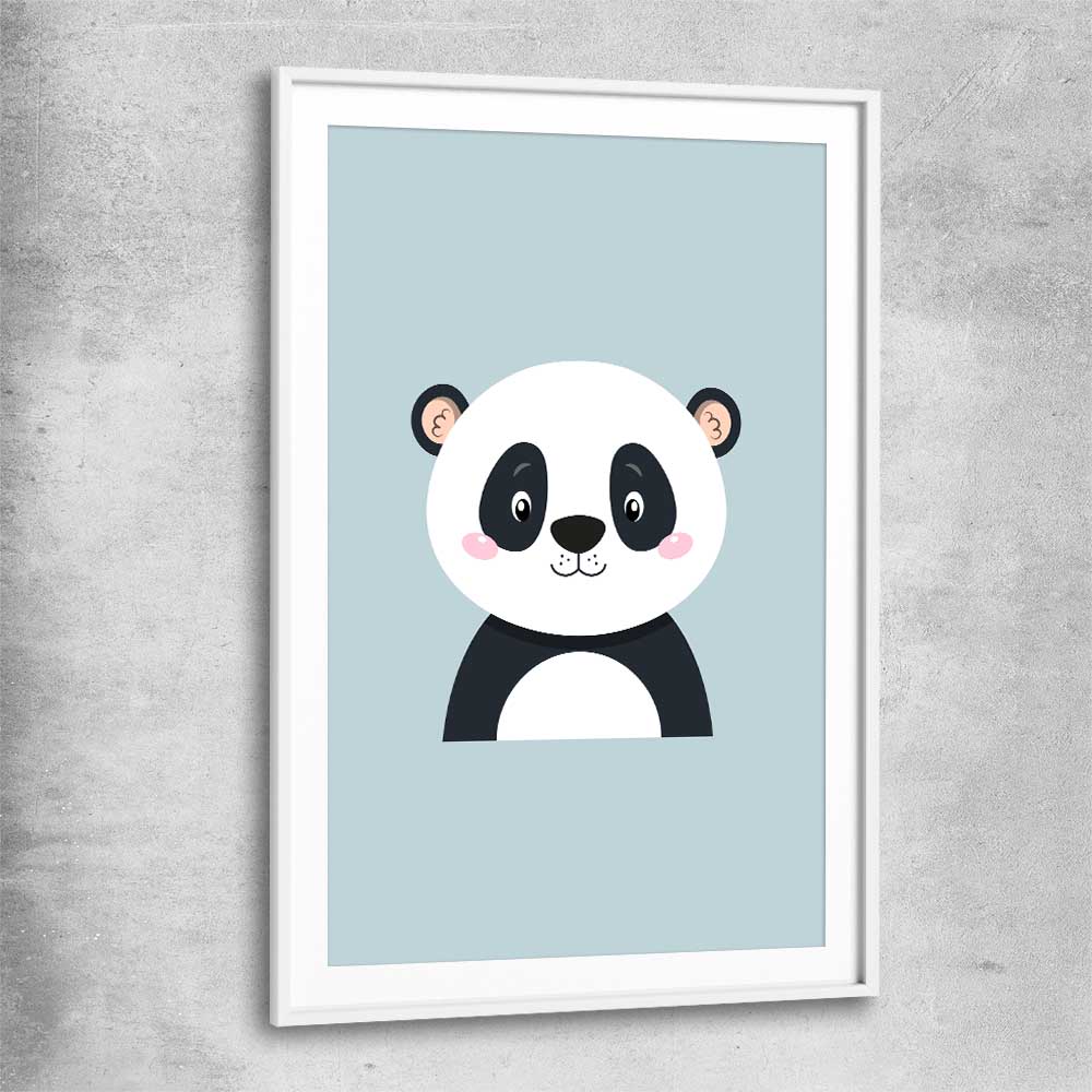 Friendly Panda white glass front frame is a nursery canvas wall art and print suited for childrens nursery area