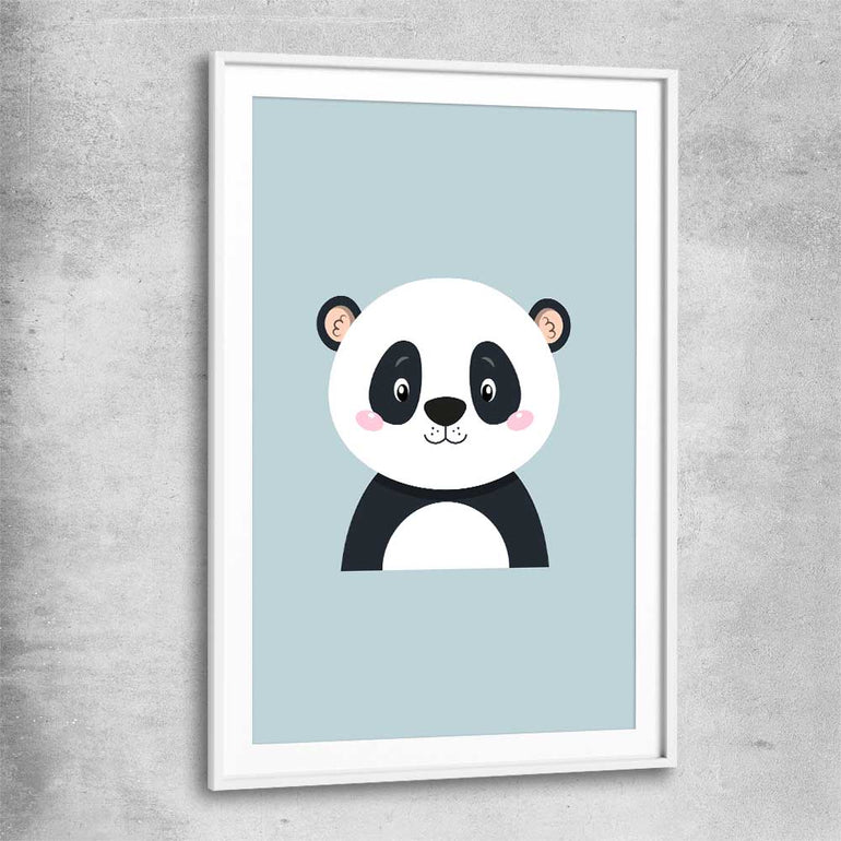Friendly Panda white glass front frame is a nursery canvas wall art and print suited for childrens nursery area