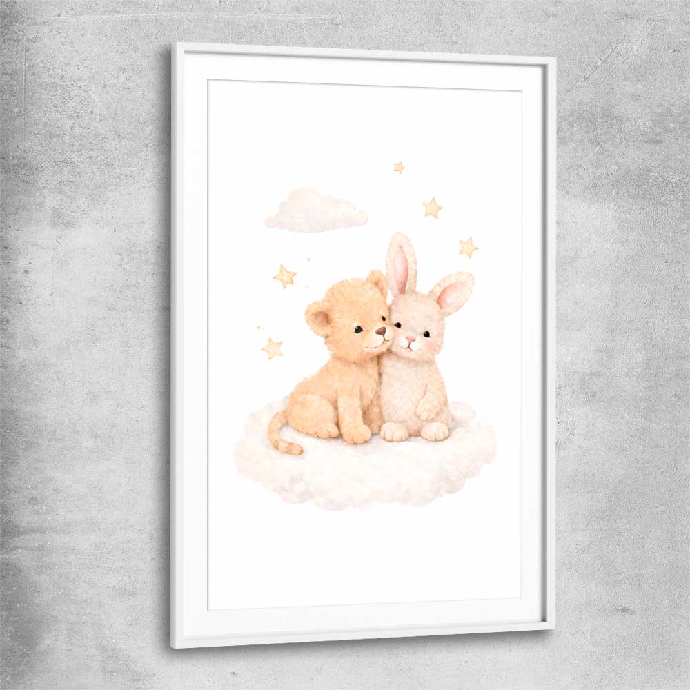 Hugs of Happiness white glass front frame is a nursery canvas wall art and print suited for childrens nursery area