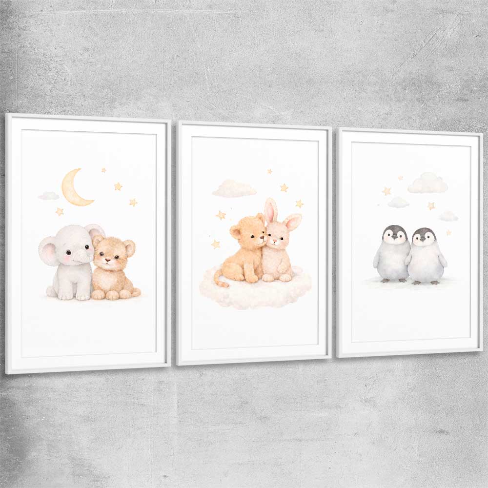 Moonlight Companions Set white glass front frame is a nursery canvas wall art and print suited for childrens nursery area