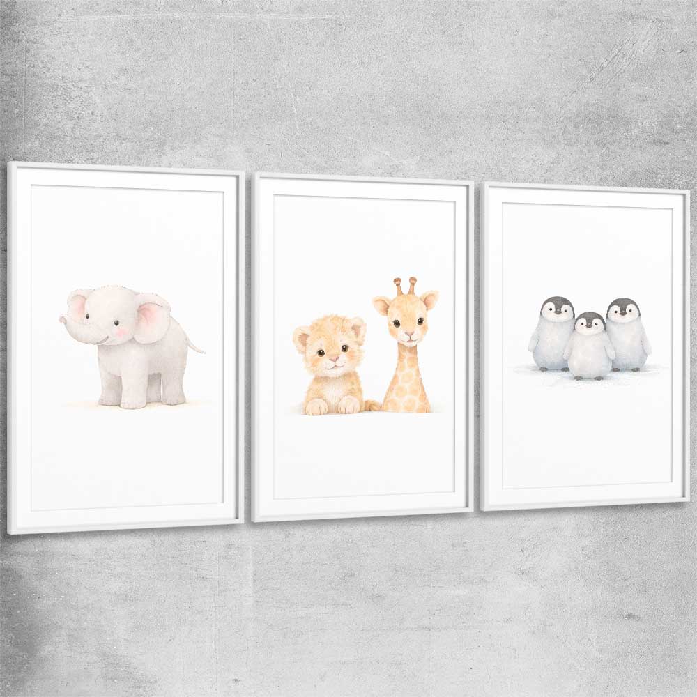 Little Animals Set white glass front frame is a nursery canvas wall art and print suited for childrens nursery area
