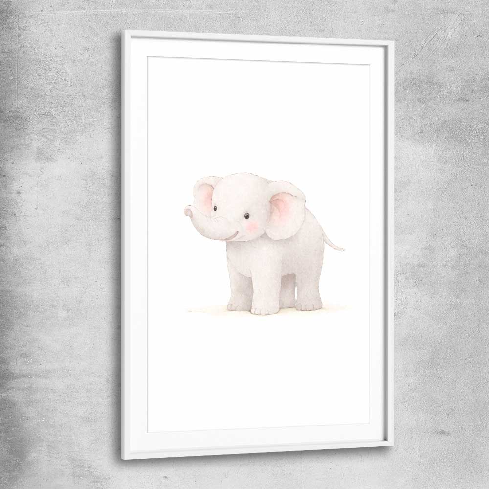 Little Elephant white glass front frame is a nursery canvas wall art and print suited for childrens nursery area