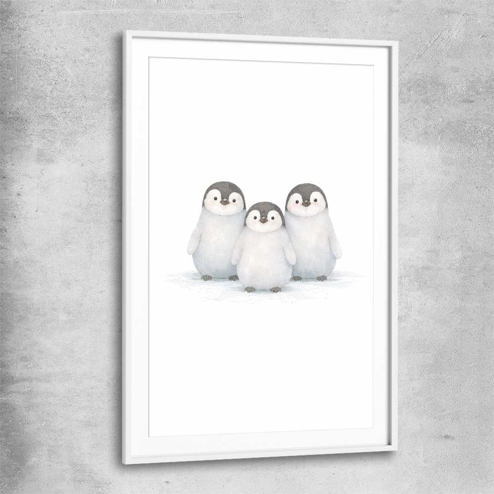 Little Penguin Trio white glass front frame is a nursery canvas wall art and print suited for childrens nursery area