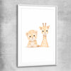 Little Safari Friends white glass front frame is a nursery canvas wall art and print suited for childrens nursery area