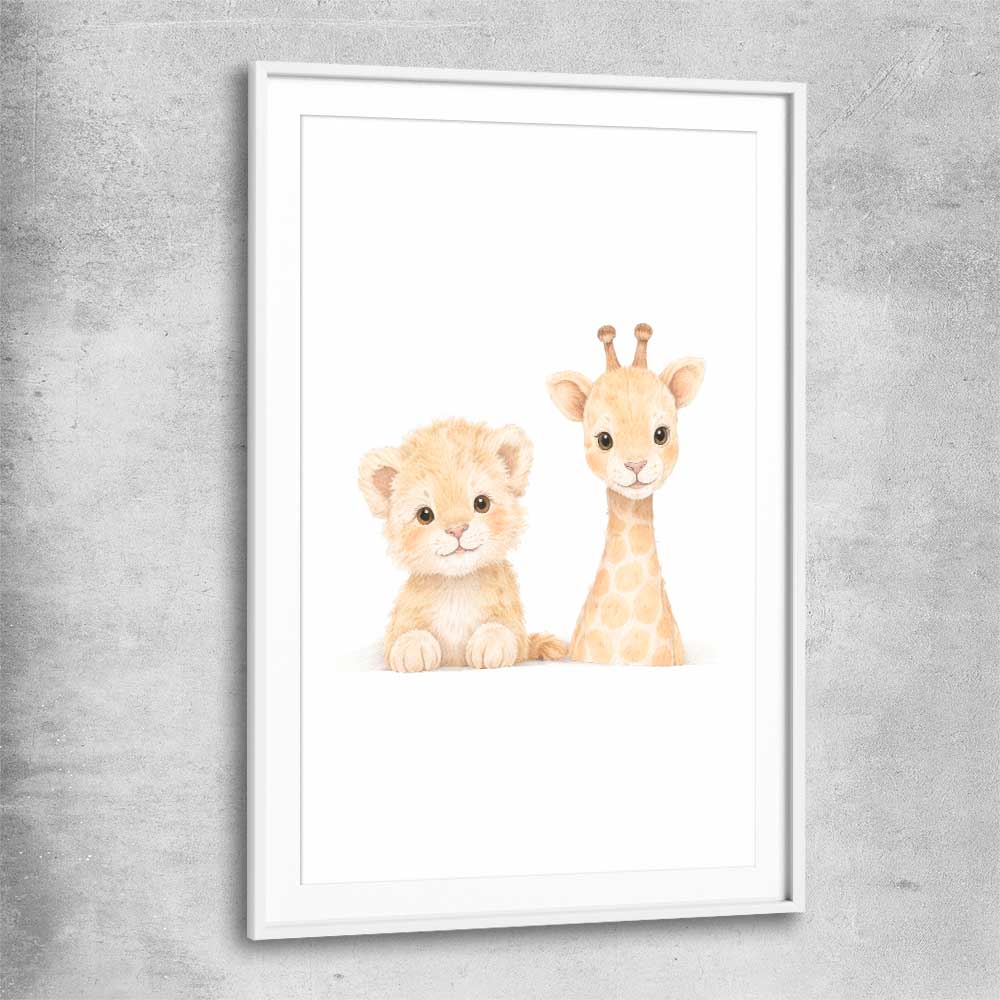 Little Safari Friends white glass front frame is a nursery canvas wall art and print suited for childrens nursery area