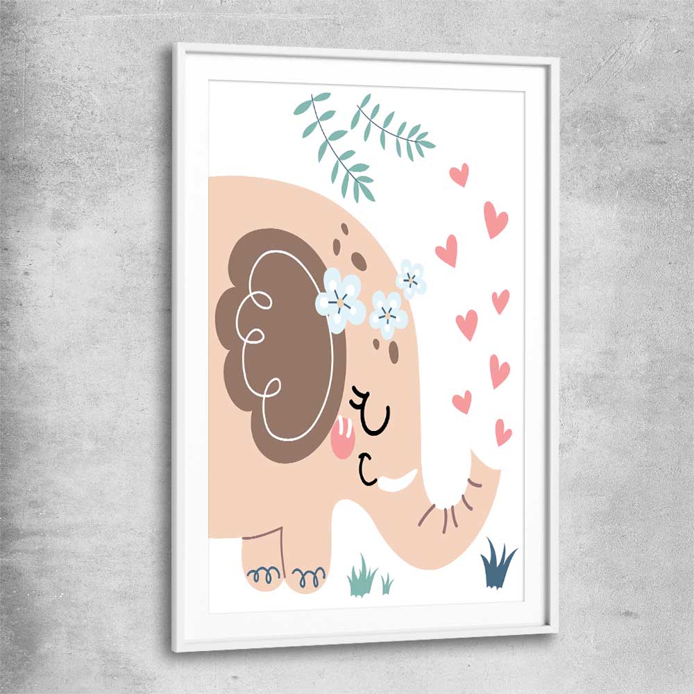 Loving Elephant white glass front frame is a nursery canvas wall art and print suited for childrens nursery area