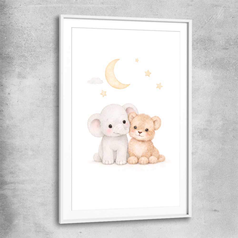 Moonlight Companions white glass front frame is a nursery canvas wall art and print suited for childrens nursery area