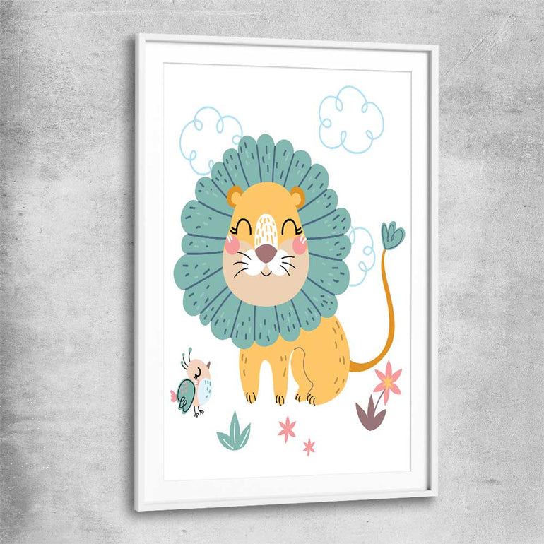 Safari Lion white glass front frame is a nursery canvas wall art and print suited for childrens nursery area
