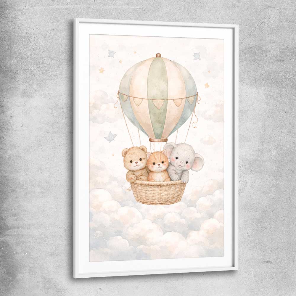 Soaring Animal Trio white glass front frame is a nursery canvas wall art and print suited for childrens nursery area