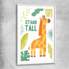 Tall Giraffe white glass front frame is a nursery canvas wall art and print suited for childrens nursery area