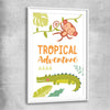 Tropical Adventure white glass front frame is a nursery canvas wall art and print suited for childrens nursery area