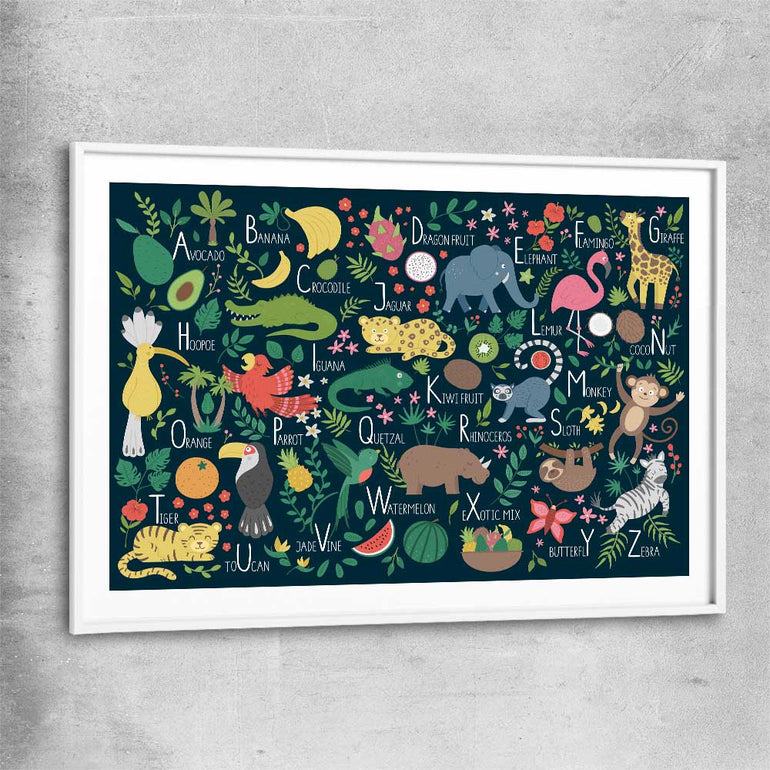 Tropical Alphabet white glass front frame is a nursery canvas wall art and print suited for childrens nursery area