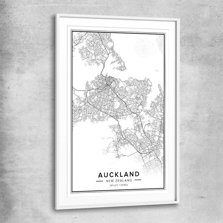 Auckland City white glass front frame is a high quality print in our city skyline, travel prints and maps collection
