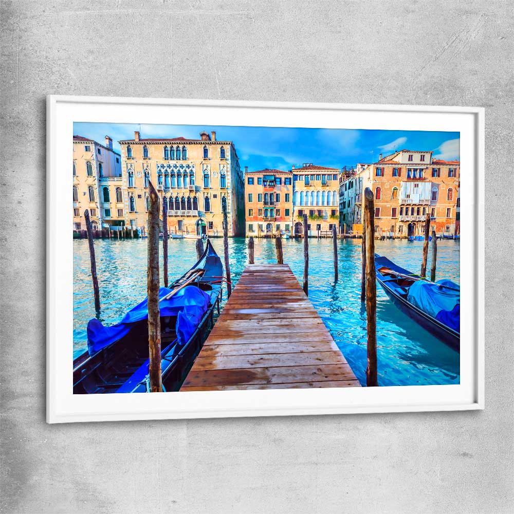 Blue Gondolas Venice white glass front frame is a high quality print in our city skyline, travel prints and maps collection