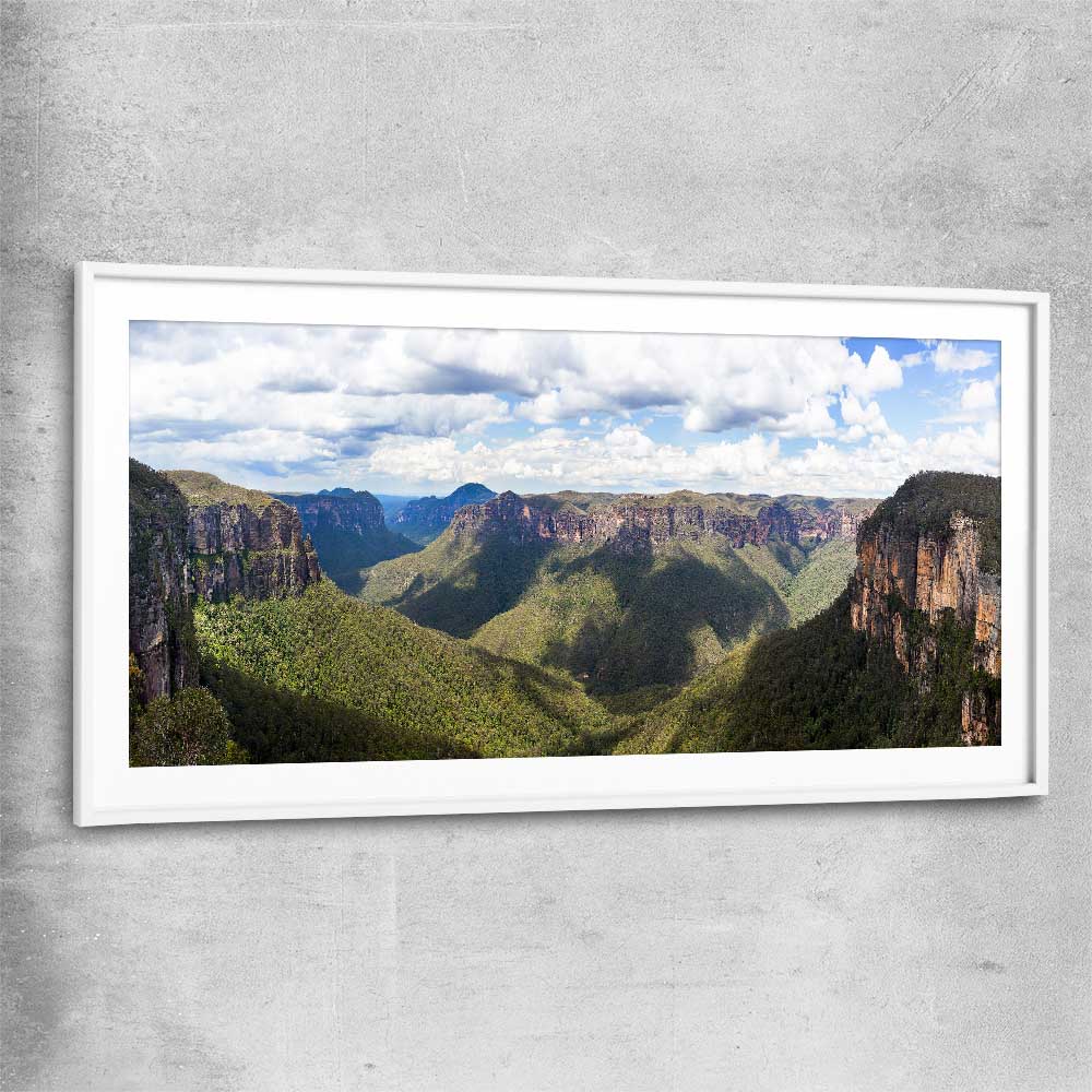 Blue Mountains Valley white glass front frame is a high quality print in our city skyline, travel prints and maps collection