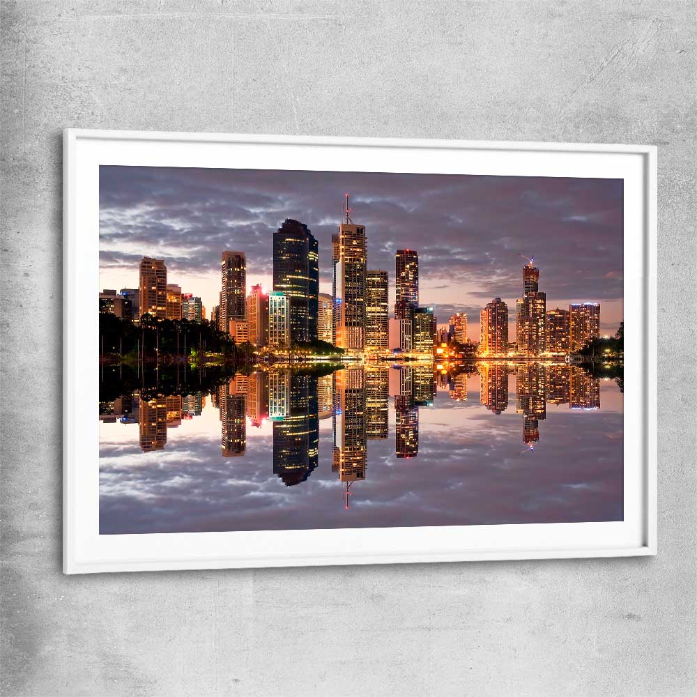 Brisbane City Reflections white glass front frame is a high quality print in our city skyline, travel prints and maps collection