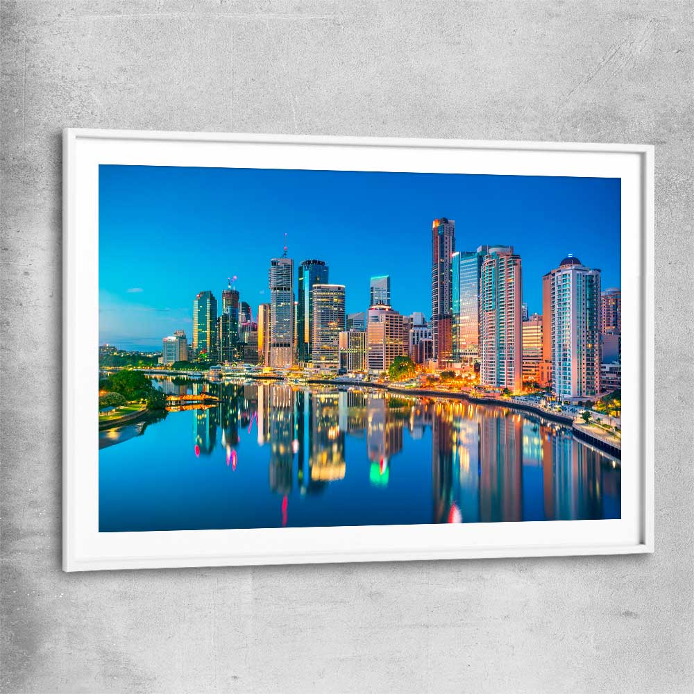 Brisbane Dawn Reflections white glass front frame is a high quality print in our city skyline, travel prints and maps collection