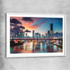 Brisbane Evening Sunset white glass front frame is a high quality print in our city skyline, travel prints and maps collection