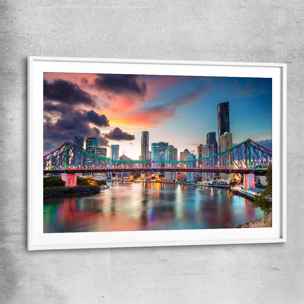 Brisbane Evening Sunset white glass front frame is a high quality print in our city skyline, travel prints and maps collection