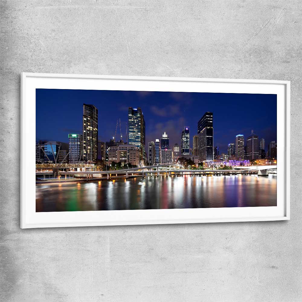 Brisbane Southbank Glow white glass front frame is a high quality print in our city skyline, travel prints and maps collection