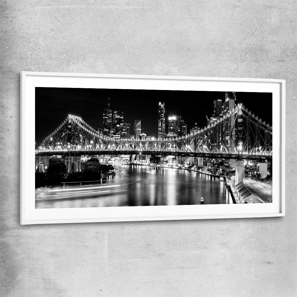 Brisbane Story Bridge white glass front frame is a high quality print in our city skyline, travel prints and maps collection