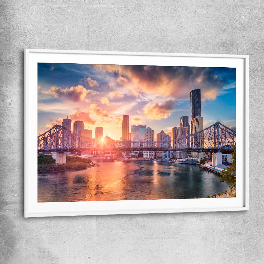 Brisbane Sunset Glow white glass front frame is a high quality print in our city skyline, travel prints and maps collection