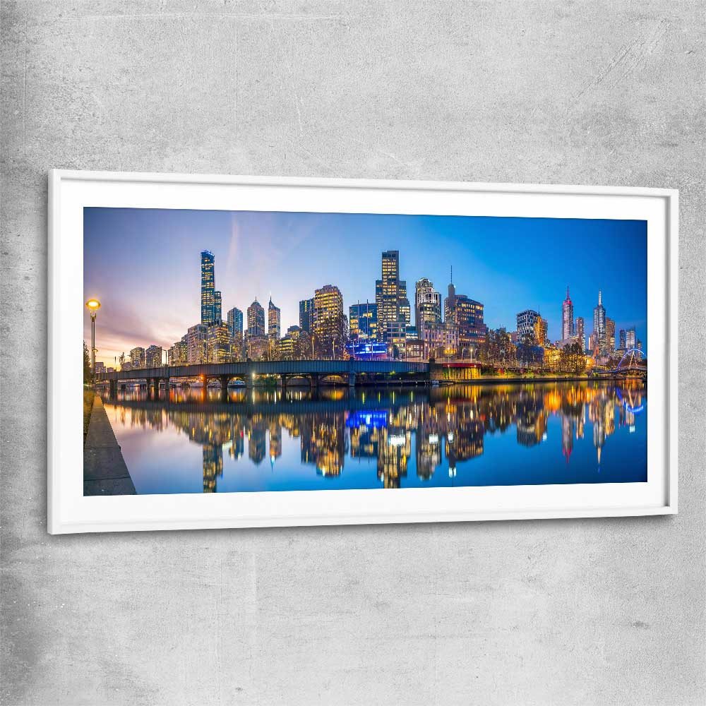 City Reflections Melbourne white glass front frame is a high quality print in our city skyline, travel prints and maps collection