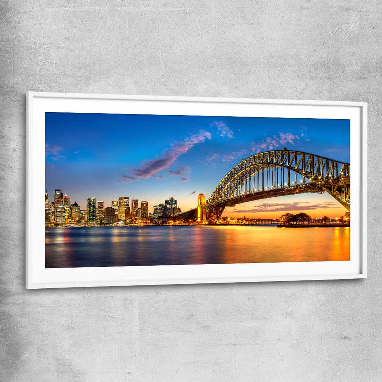 Darling Harbour white glass front frame is a high quality print in our city skyline, travel prints and maps collection