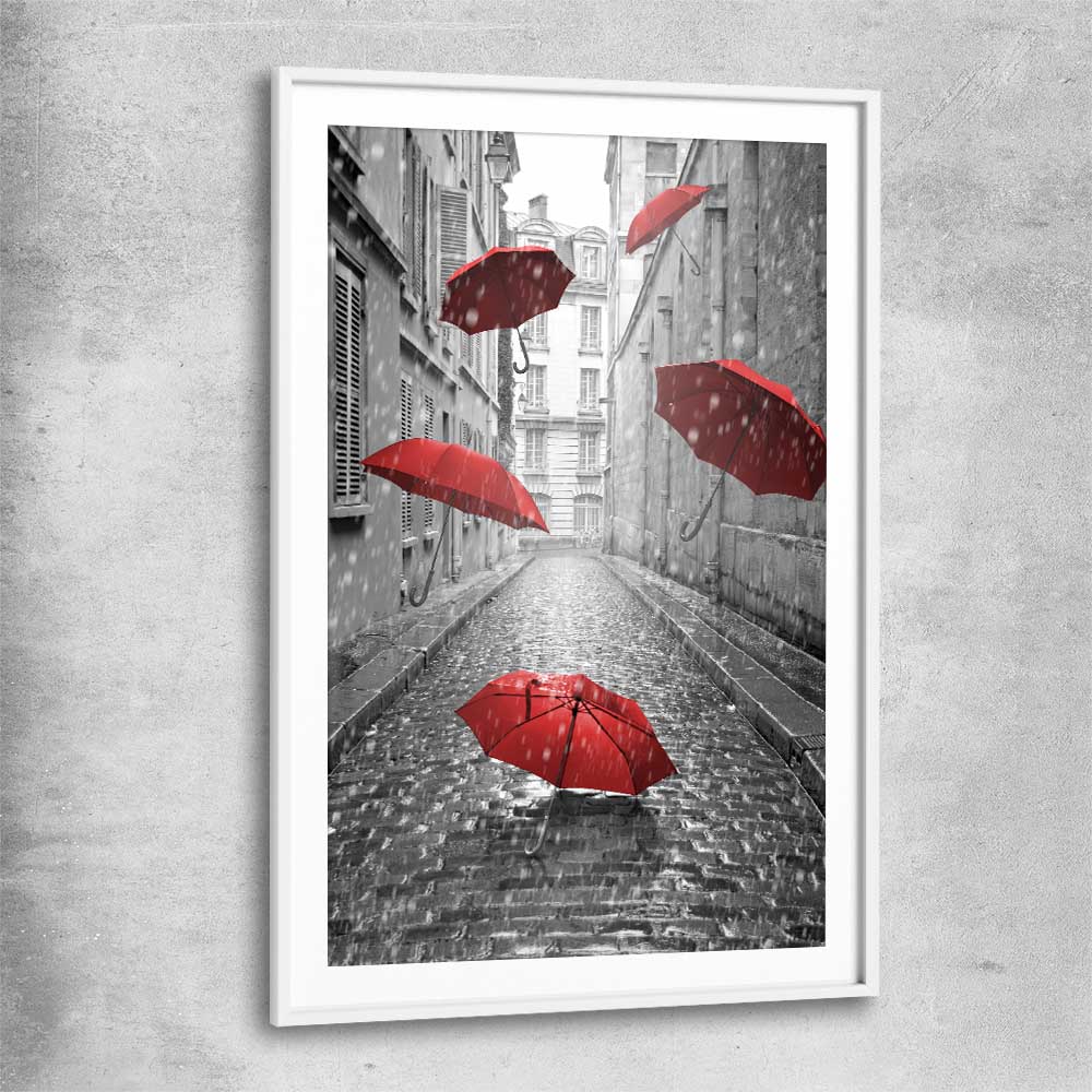 Flying Red Umbrellas white glass front frame is a high quality print in our city skyline, travel prints and maps collection