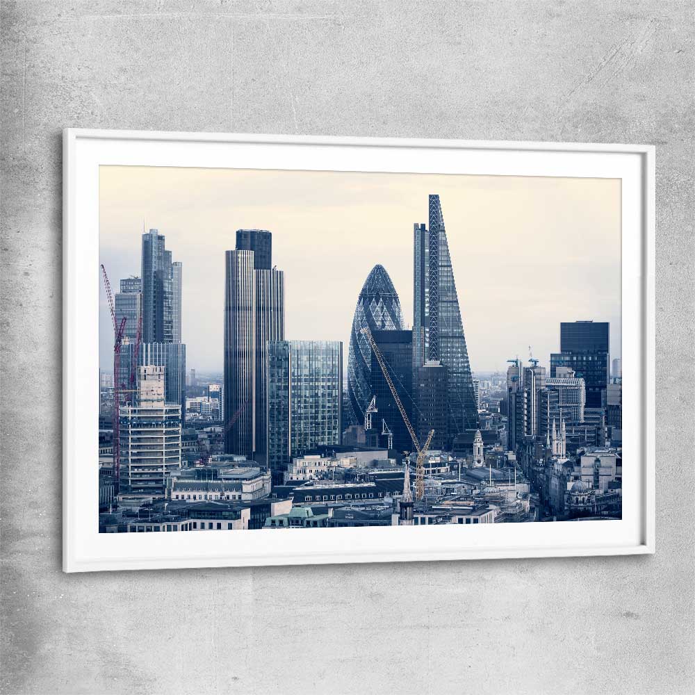 London Cityscape white glass front frame is a high quality print in our city skyline, travel prints and maps collection