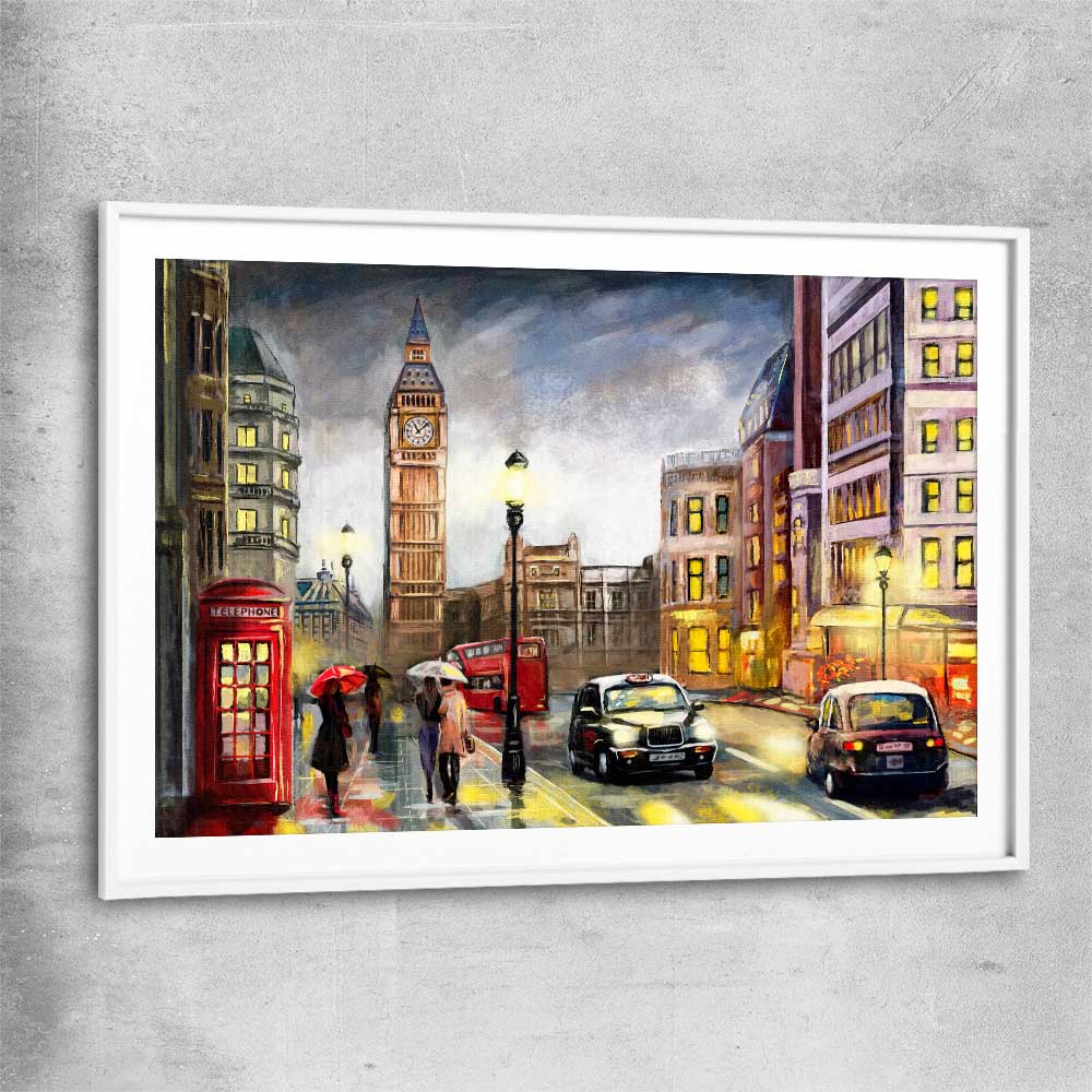 London Night Rain white glass front frame is a high quality print in our city skyline, travel prints and maps collection