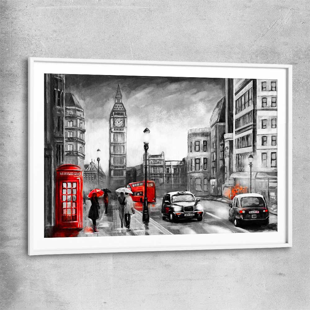 London Streetscape white glass front frame is a high quality print in our city skyline, travel prints and maps collection