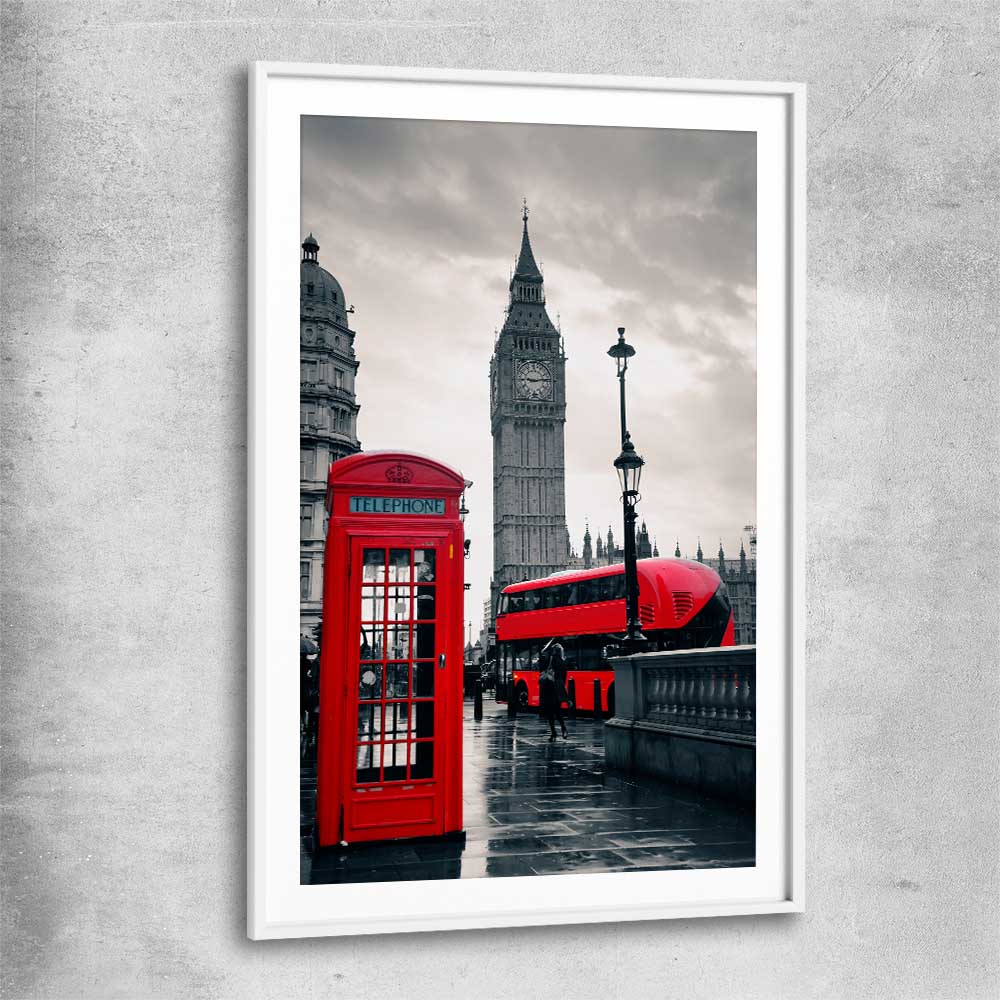 London Telephone Box white glass front frame is a high quality print in our city skyline, travel prints and maps collection