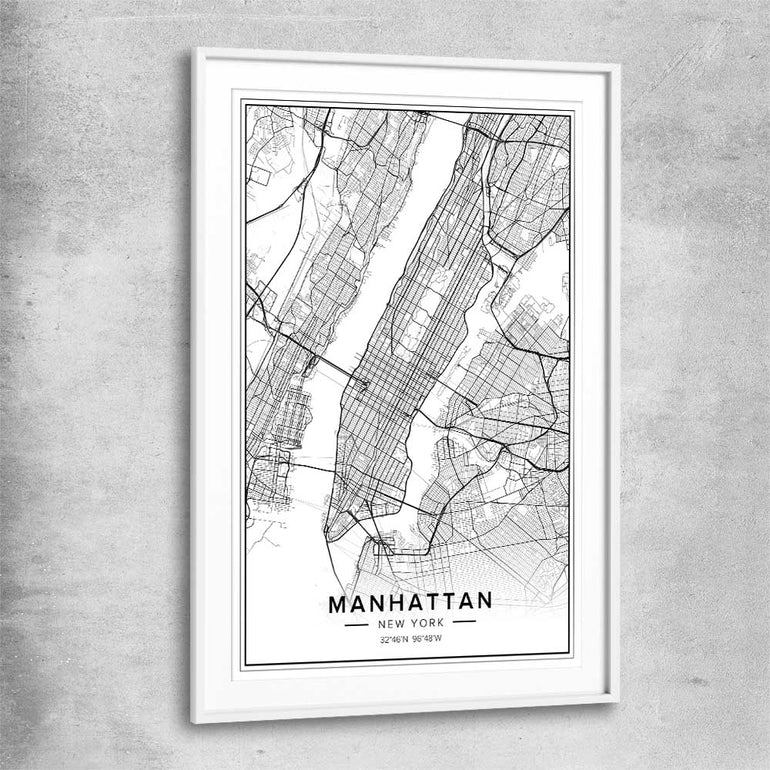 Manhattan City white glass front frame is a high quality print in our city skyline, travel prints and maps collection