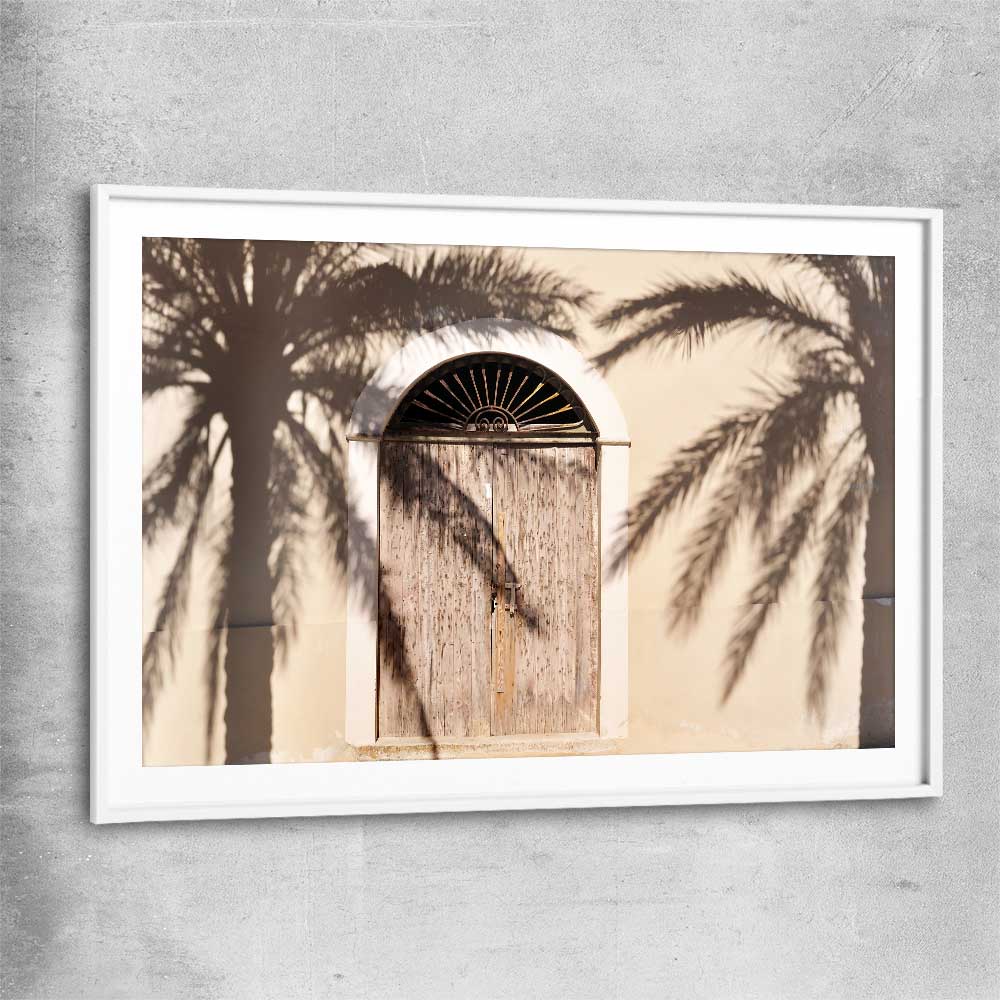 Marrakech Palm Shadows white glass front frame is a high quality print in our city skyline, travel prints and maps collection