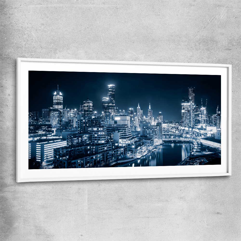 Melbourne City Glow white glass front frame is a high quality print in our city skyline, travel prints and maps collection