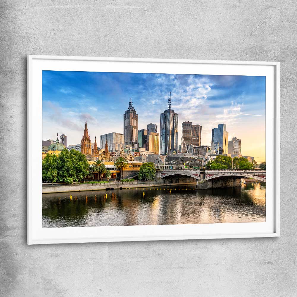 Melbourne Golden Skyline white glass front frame is a high quality print in our city skyline, travel prints and maps collection