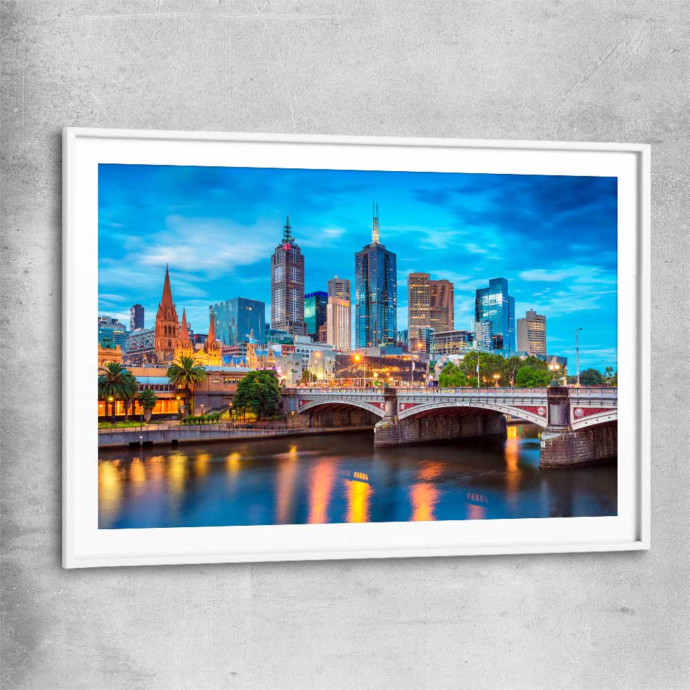 Melbourne Twilight Skyline white glass front frame is a high quality print in our city skyline, travel prints and maps collection