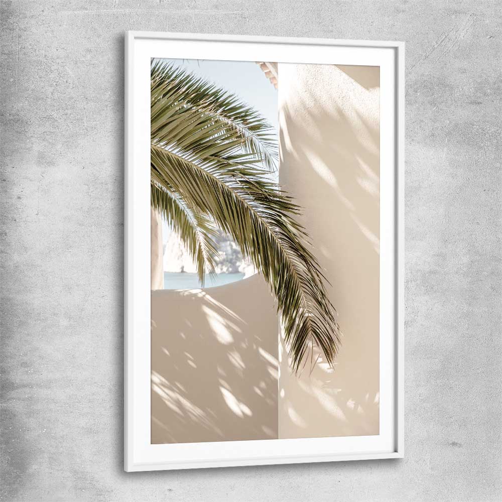 Moroccan Palm Shadow white glass front frame is a high quality print in our city skyline, travel prints and maps collection