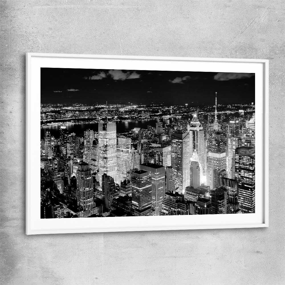 New York Cityscape white glass front frame is a high quality print in our city skyline, travel prints and maps collection