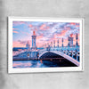 Paris Bridge Sunset white glass front frame is a high quality print in our city skyline, travel prints and maps collection