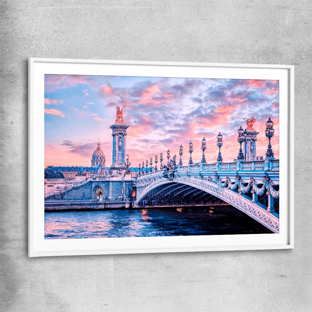 Paris Bridge Sunset white glass front frame is a high quality print in our city skyline, travel prints and maps collection