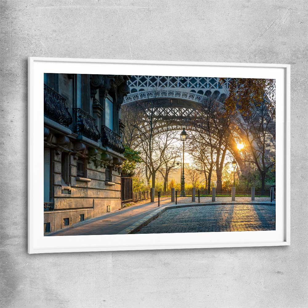 Paris Evening Light white glass front frame is a high quality print in our city skyline, travel prints and maps collection