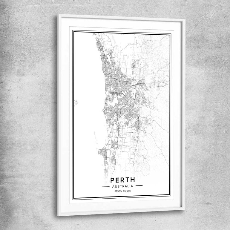 Perth City white glass front frame is a high quality print in our city skyline, travel prints and maps collection