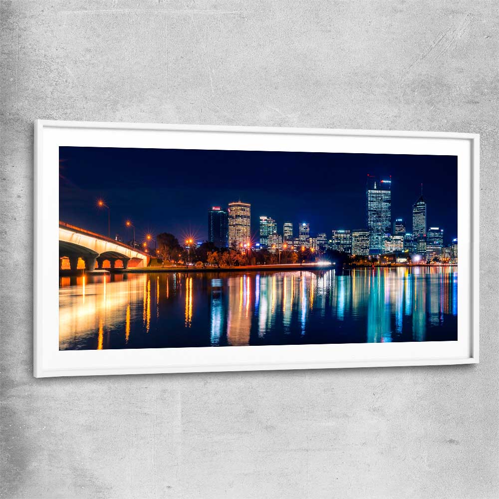 Perth Skyline Glow white glass front frame is a high quality print in our city skyline, travel prints and maps collection