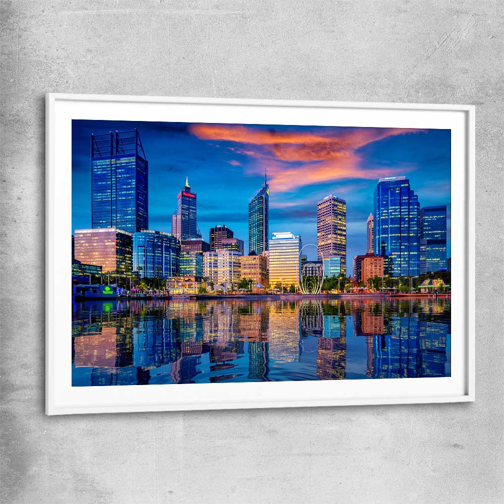 Perth Skyline Sunset white glass front frame is a high quality print in our city skyline, travel prints and maps collection